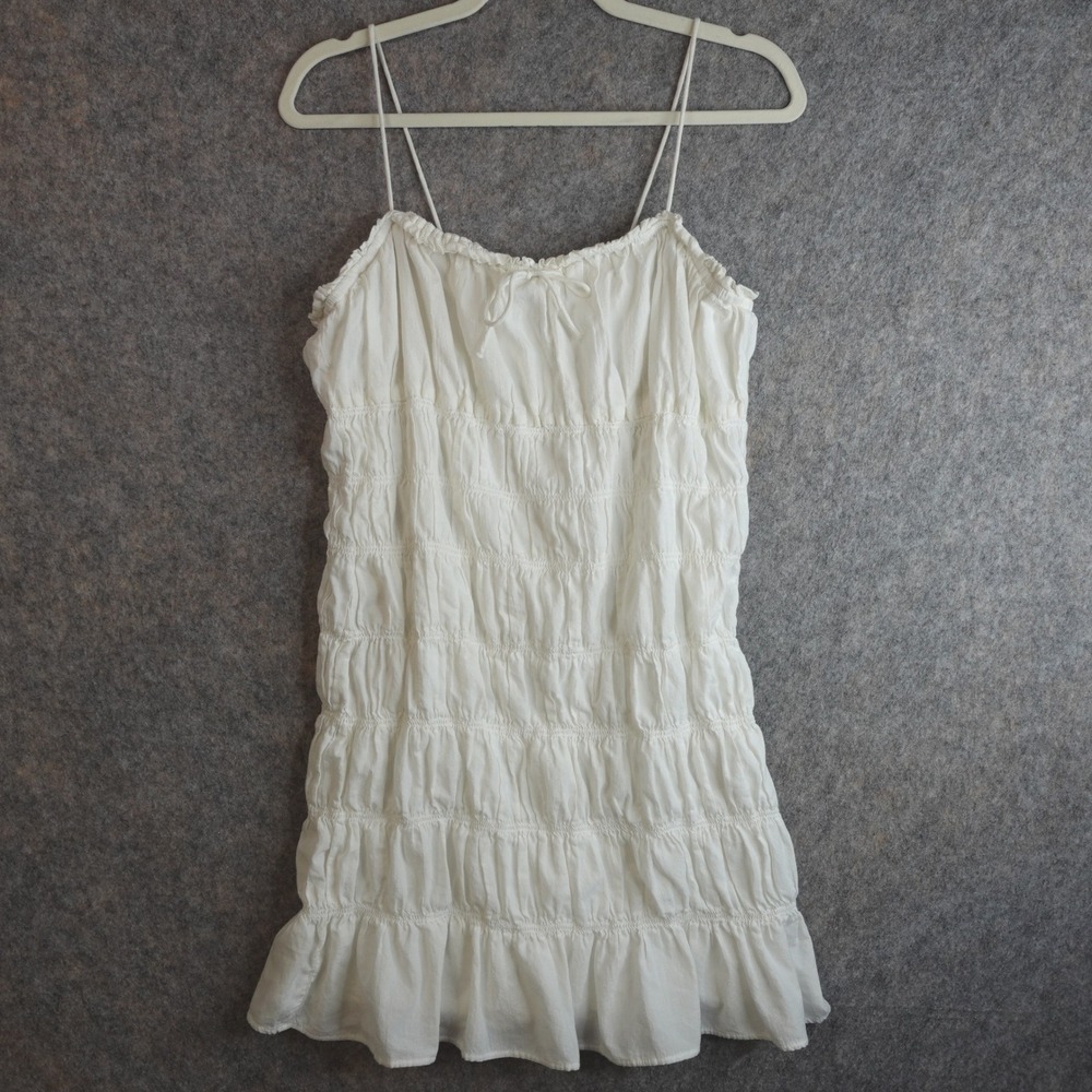 H&M White Shirred Cotton Mini Dress Womens L Tiered Ruffe Cottage Boho Summer